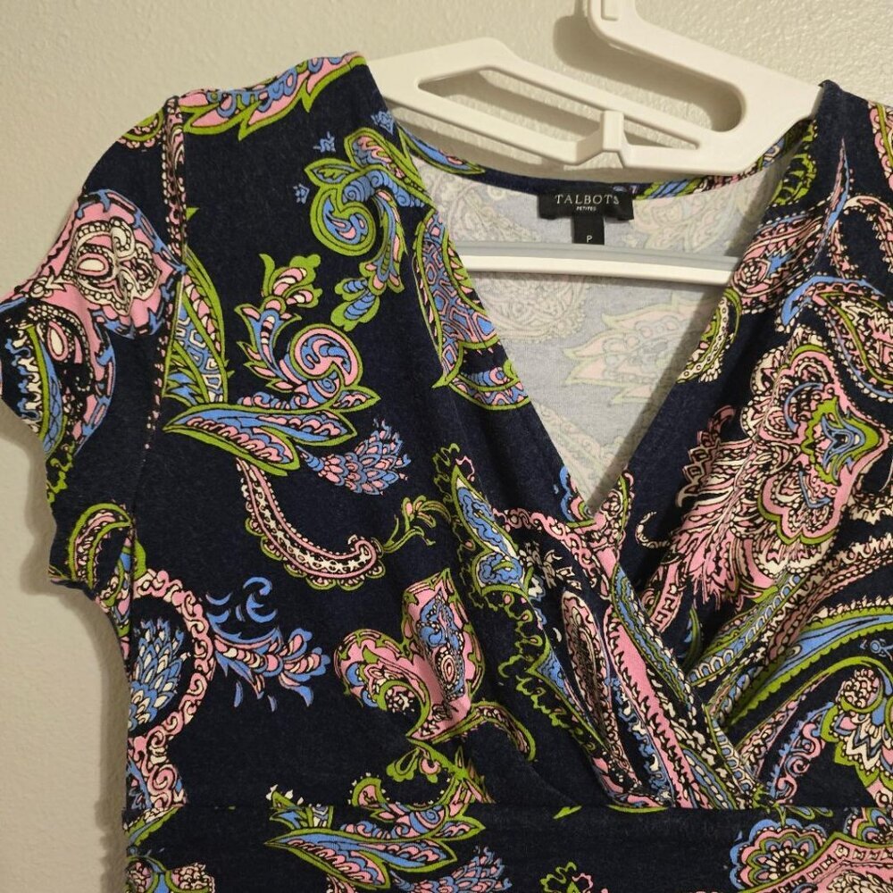 Talbots Paisley Wrap Spandex Midi Cap Sleeves Dress Green, Blue, Pink, Black - S